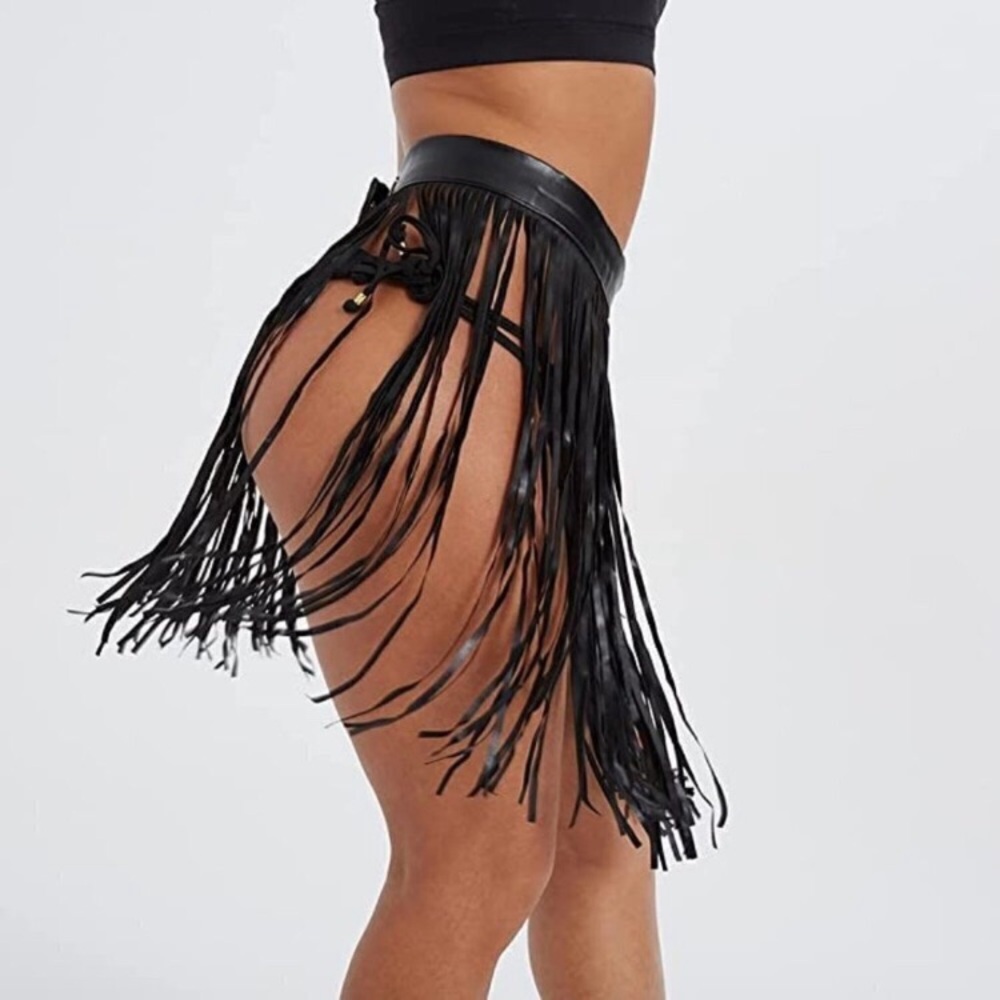 𝅺black Leather Waist Belt Tassel Dance Rave Cosplay Bondage BDSM NWT